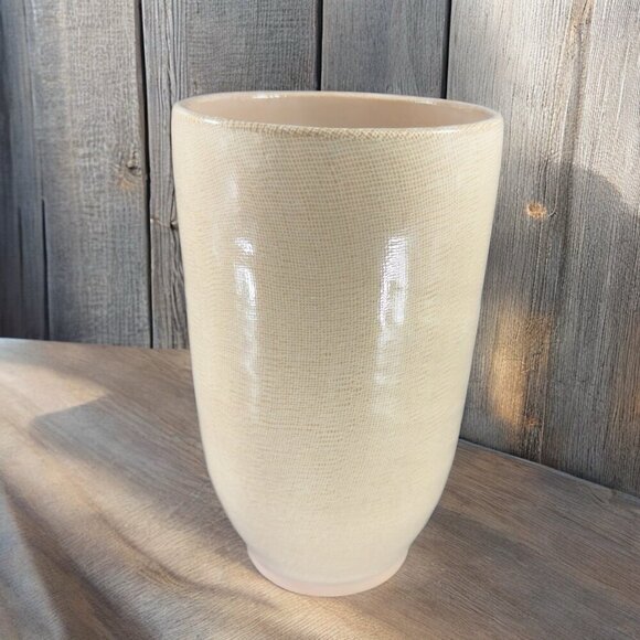 1980s Pottery Linen Straight Sided Vase in Beige on Cream Ceramic Vessel W Tag - Picture 2 of 10